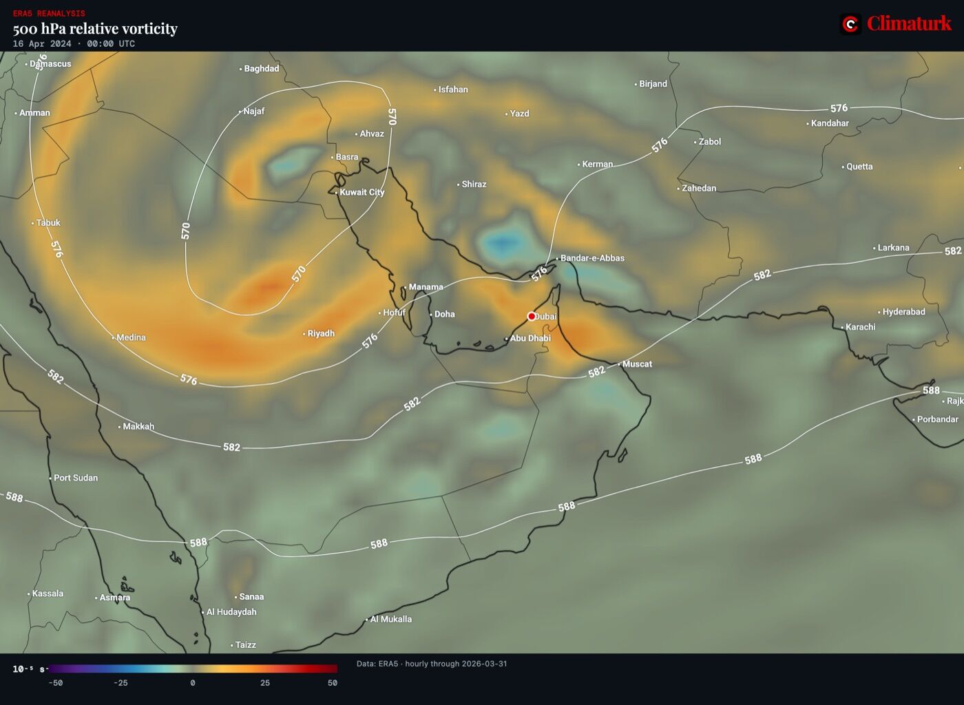 ERA5 500 hPa vorticity and height over the Middle East, 16 April 2024 00 UTC