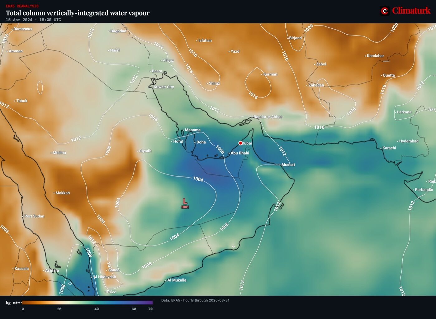 ERA5 total column water vapour and sea-level pressure over the Middle East, 15 April 2024 18 UTC