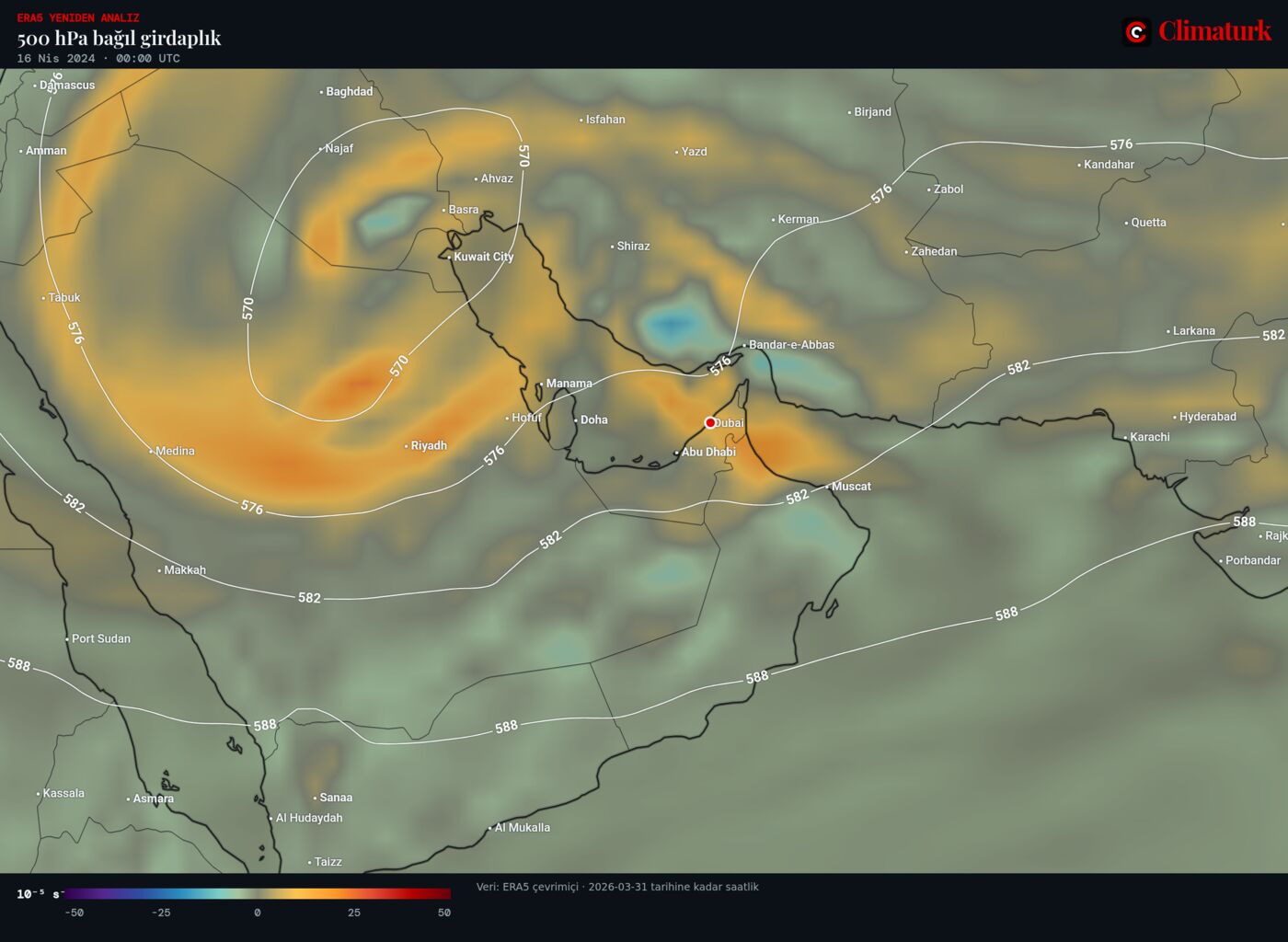 Orta Doğu üzerinde ERA5 500 hPa vortisitesi ve yüksekliği, 16 Nisan 2024 00 UTC