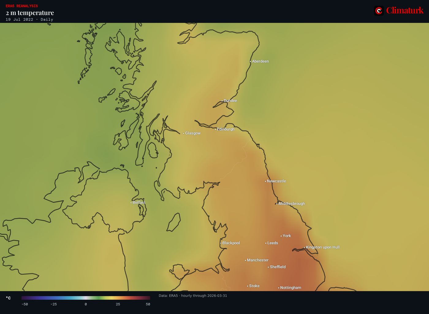 ERA5 daily mean 2 m temperature over the United Kingdom, 19 July 2022