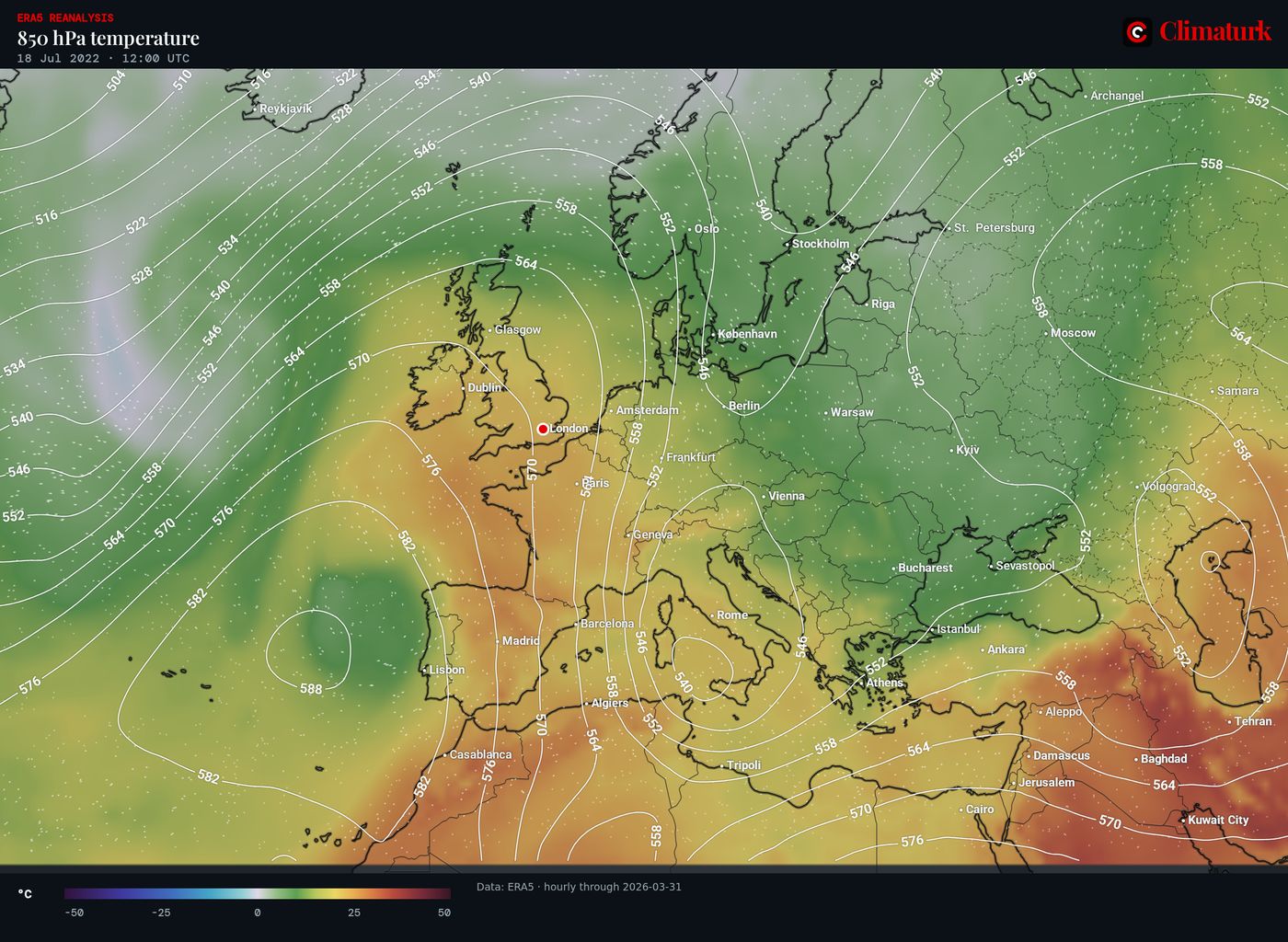 ERA5 850 hPa temperature with 500 hPa height over Europe, 18 July 2022 12 UTC