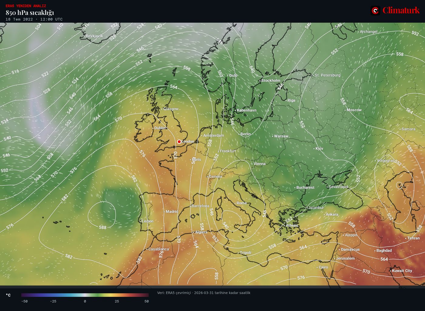 ERA5 850 hPa sıcaklığı ve 500 hPa yüksekliği, Avrupa, 18 Temmuz 2022 12 UTC