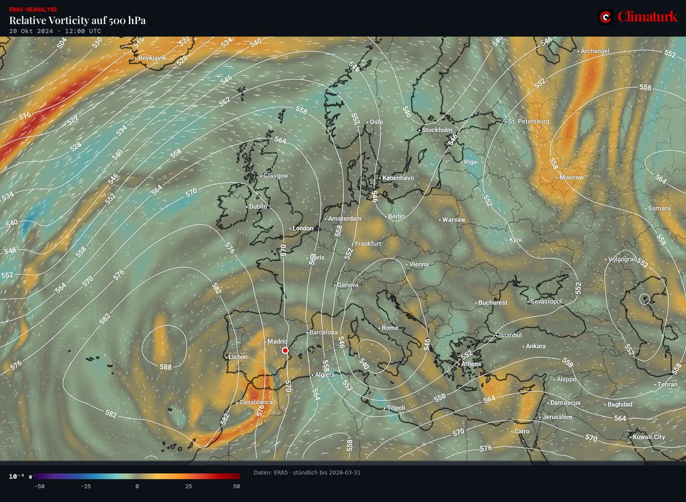 ERA5 relative Vorticity und Geopotential in 500 hPa über Europa, 29. Oktober 2024 12 UTC