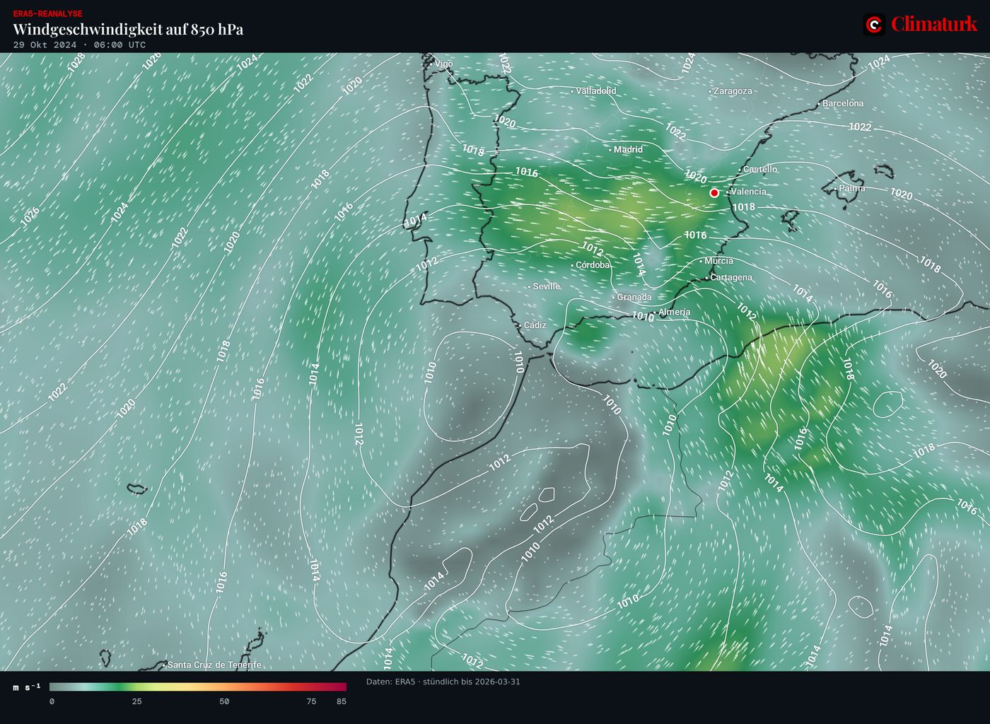 ERA5 Wind in 850 hPa mit Bodendruck über Spanien, 29. Oktober 2024 06 UTC