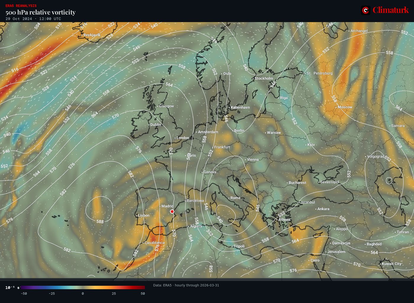 ERA5 500 hPa relative vorticity and geopotential height over Europe, 29 October 2024 12 UTC