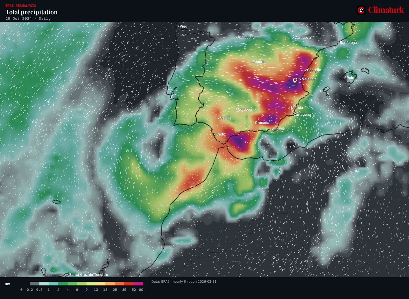 Map of Spain: ERA5 daily precipitation on 29 October 2024, heaviest in the hills west of Valencia and in Andalusia.