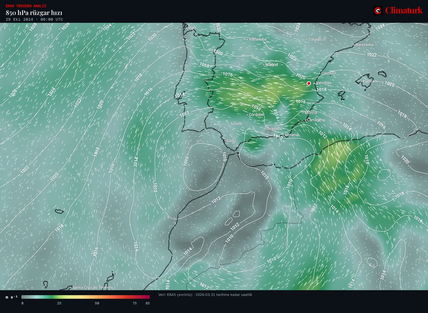 ERA5 850 hPa rüzgârı ve deniz seviyesi basıncı, İspanya, 29 Ekim 2024 06 UTC