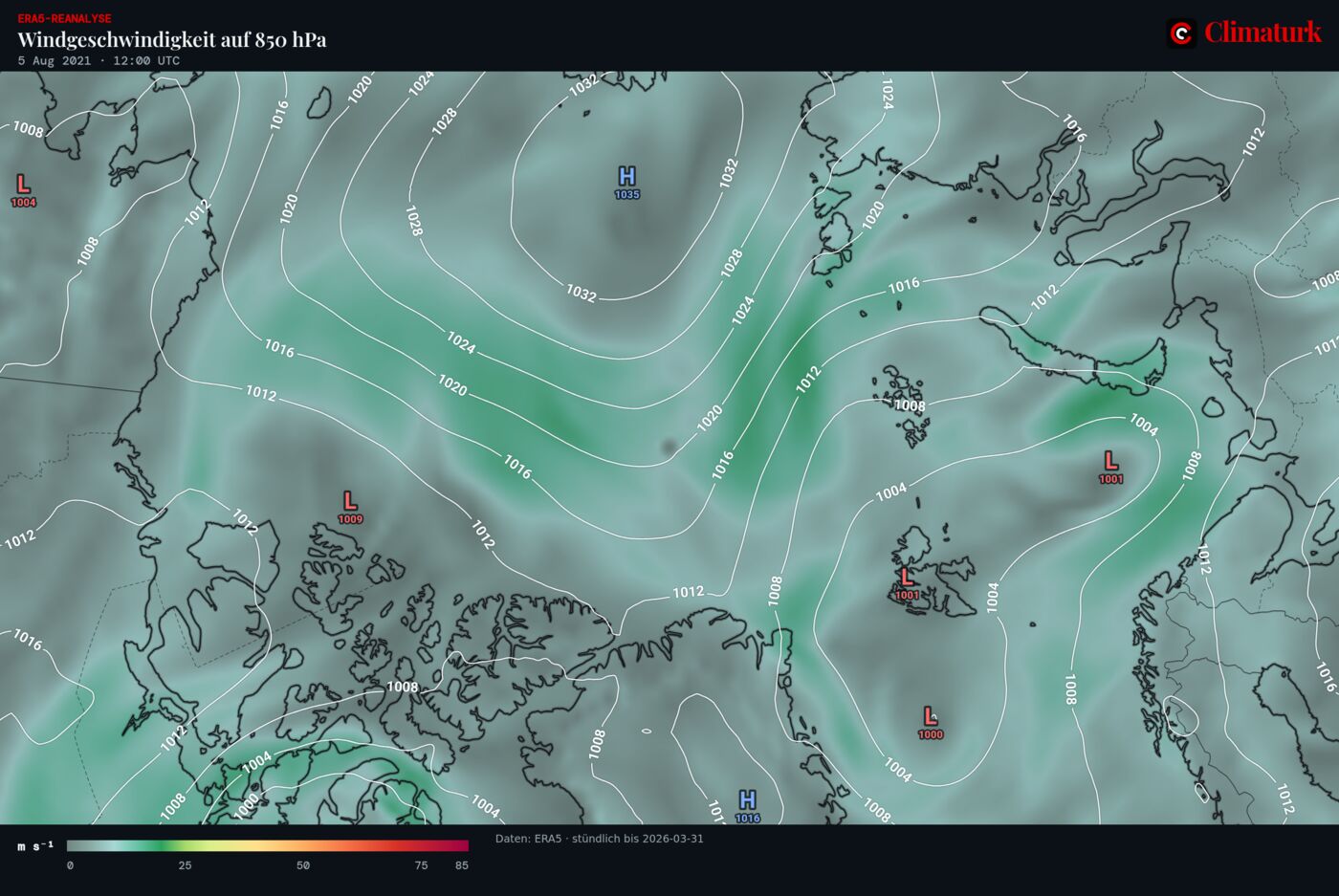 ERA5-Windgeschwindigkeit in 850 hPa und Bodendruck über der Arktis, 5. August 2021 12 UTC