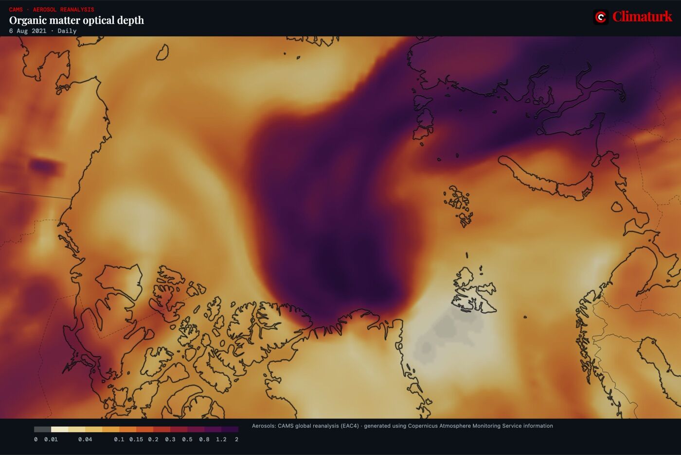 Polar map of the Arctic: CAMS organic-matter aerosol optical depth on 6 August 2021, with a dark purple plume of smoke reaching from eastern Siberia across the Arctic Ocean to the North Pole.